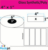 4" x 1" Gloss Synthetic Inkjet Labels. 4 Rolls per Case. 2,000 Labels per Roll. 6" OD, 3" Core. Perfed. SKU: IGP-4-1-2000-3