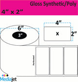 4" x 2" Gloss Synthetic Inkjet Labels. 4 Rolls per Case. 1,000 Labels per Roll. 6" OD, 3" Core. Perfed. SKU: IGP-4-2-1000-3