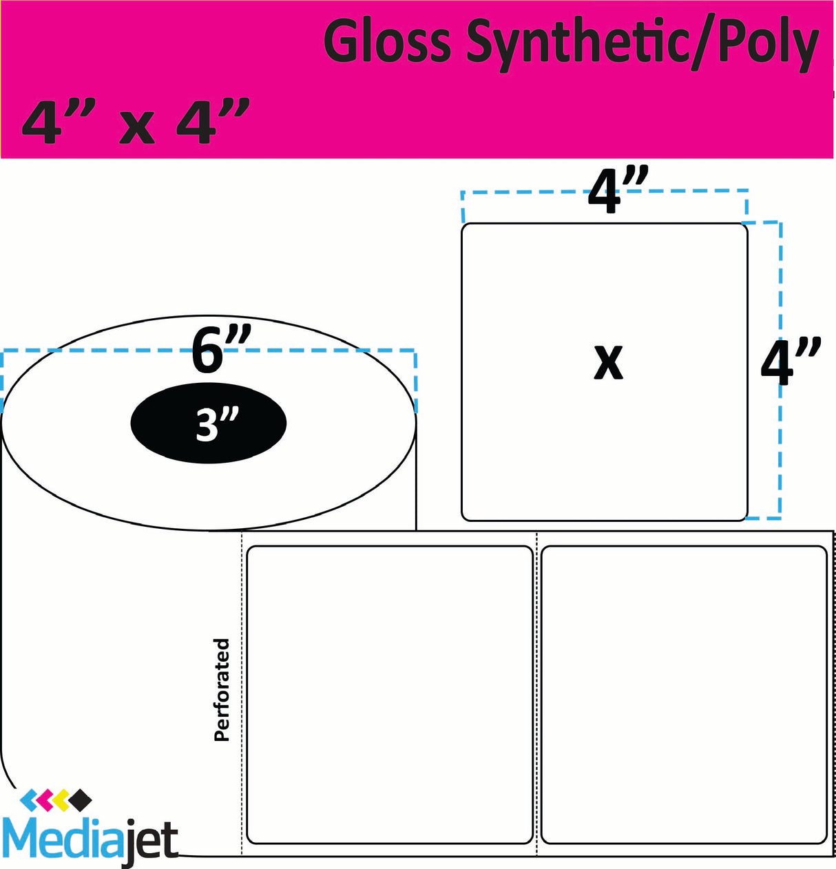 4" x 4" Gloss Synthetic Inkjet Labels. 4 Rolls per Case. 625 Labels per Roll. 6" OD, 3" Core. Perfed. SKU: IGP-4-4-625-3