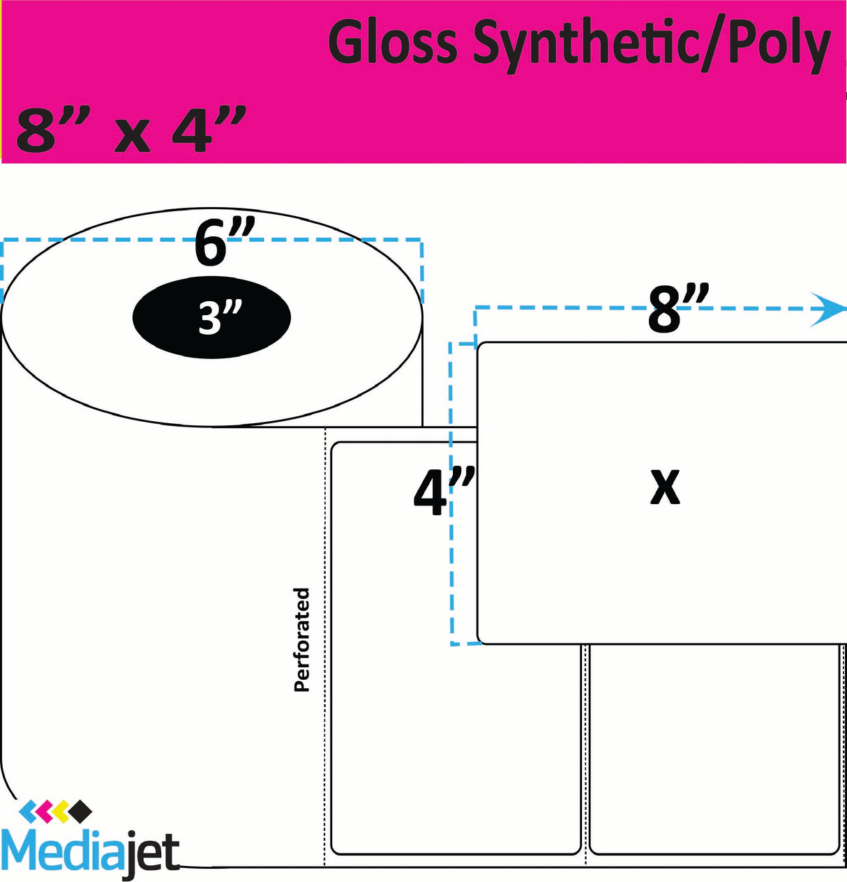 8" x 4" Gloss Synthetic Inkjet Labels. 4 Rolls per Case. 325 Labels per Roll. 6" OD, 3" Core. Perfed.  SKU: IGP-8-4-325-3