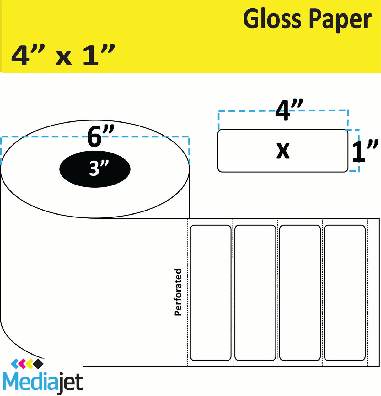4" x 1" Gloss Paper Inkjet Labels. 4 Rolls per Case. 2,000 Labels per Roll. 6" OD, 3" Core. Perfed. SKU: IJG-4-1-2000-3
