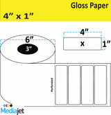 4" x 1" Gloss Paper Inkjet Labels. 4 Rolls per Case. 2,000 Labels per Roll. 6" OD, 3" Core. Perfed. SKU: IJG-4-1-2000-3