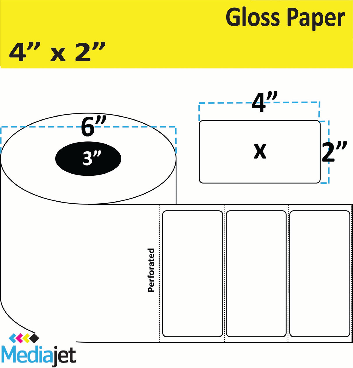 4" x 2" Gloss Paper Inkjet Labels. 4 Rolls per Case. 1,000 Labels per Roll. 6" OD, 3" Core. Perfed. SKU: IJG-4-2-1000-3