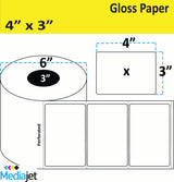 4" x 3" Gloss Paper Inkjet Labels. 4 Rolls per Case. 800 Labels per Roll. 6" OD, 3" Core. Perfed. SKU: IJG-4-3-800-3