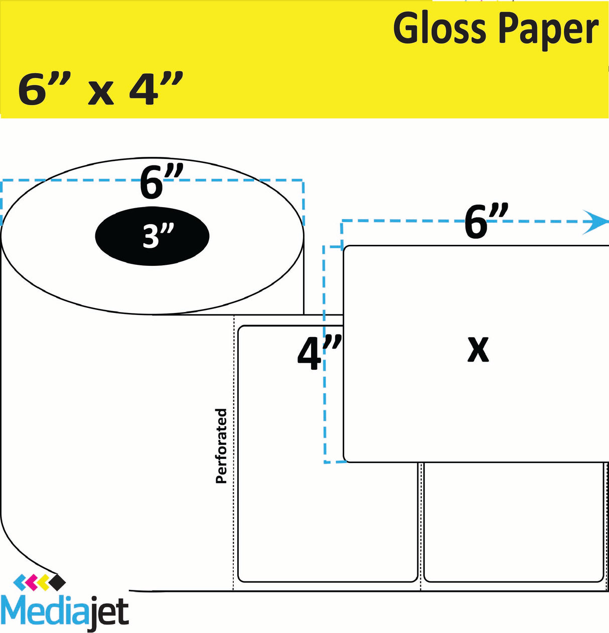 6" x 4" Gloss Paper Inkjet Labels. 4 Rolls per Case. 400 Labels per Roll. 6" OD, 3" Core. Perfed. SKU: IJG-6-4-400-3