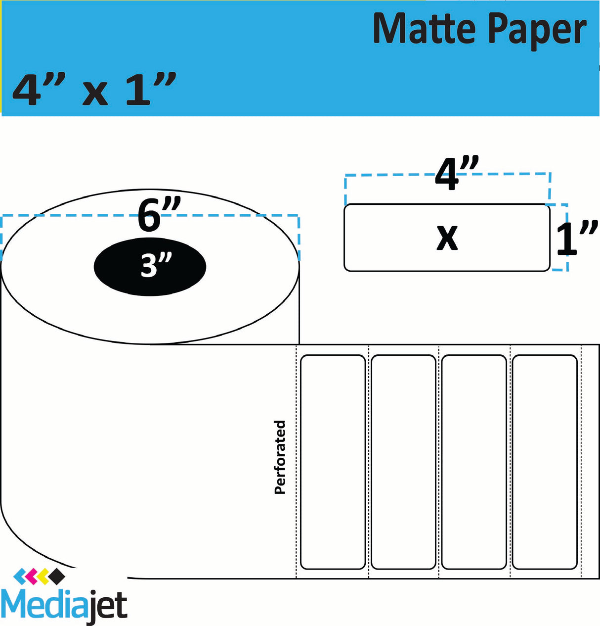 4" x 1" Matte Paper Inkjet Labels. 4 Rolls per Case, 2,000 Labels per Roll, 6" OD, 3" Core. Perfed. SKU: IJM-4-1-2000-3