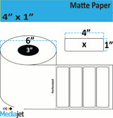 4" x 1" Matte Paper Inkjet Labels. 4 Rolls per Case, 2,000 Labels per Roll, 6" OD, 3" Core. Perfed. SKU: IJM-4-1-2000-3
