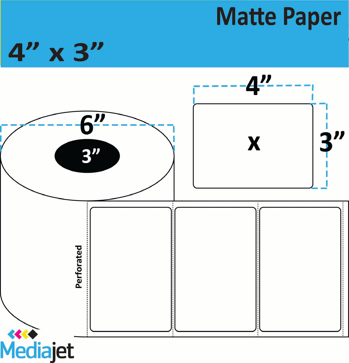 4" x 3" Matte Paper Inkjet Labels. 4 Rolls per Case. 800 Labels per Roll. 6" OD, 3" Core. Perfed. SKU: IJM-4-3-800-3