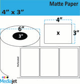 4" x 3" Matte Paper Inkjet Labels. 4 Rolls per Case. 800 Labels per Roll. 6" OD, 3" Core. Perfed. SKU: IJM-4-3-800-3