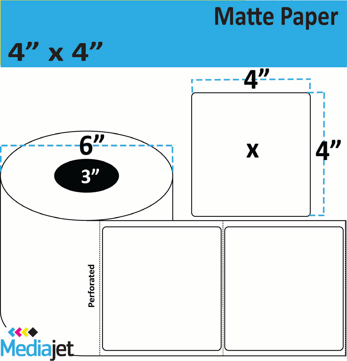 4" x 4" Matte Paper Inkjet Labels. 4 Rolls per Case. 625 Labels per Roll. 6" OD, 3" Core. Perfed. SKU: IJM-4-4-625-3