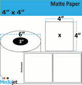 4" x 4" Matte Paper Inkjet Labels. 4 Rolls per Case. 625 Labels per Roll. 6" OD, 3" Core. Perfed. SKU: IJM-4-4-625-3