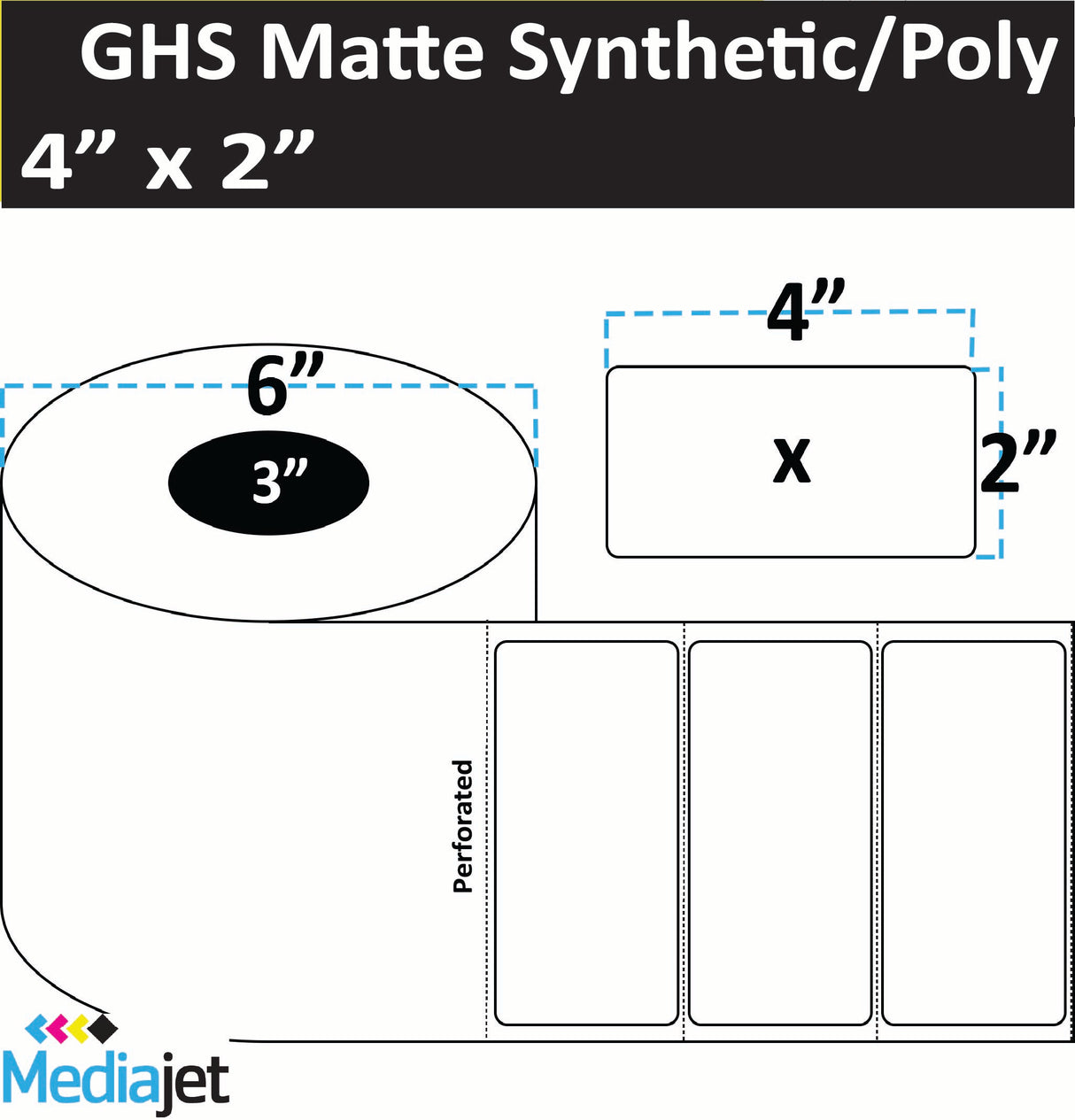 4" x 2" GHS / BS5609 Matte Synthetic Inkjet Labels. 4 Rolls per Case. 950 Labels per Roll. 6" OD, 3" Core. Perfs. SKU: ISP-4-2-950-3