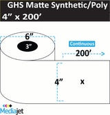 4" x 200'  GHS / BS5609 Matte Synthetic Inkjet Labels. 4 Rolls per Case. 6" OD, 3" Core. SKU: ISP-4-200-3