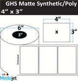 4" x 3" GHS / BS5609 Matte Synthetic Inkjet Labels. 4 Rolls per Case. 750 Labels per Roll.  6" OD, 3" Core. Perfs. SKU: ISP-4-3-750-3