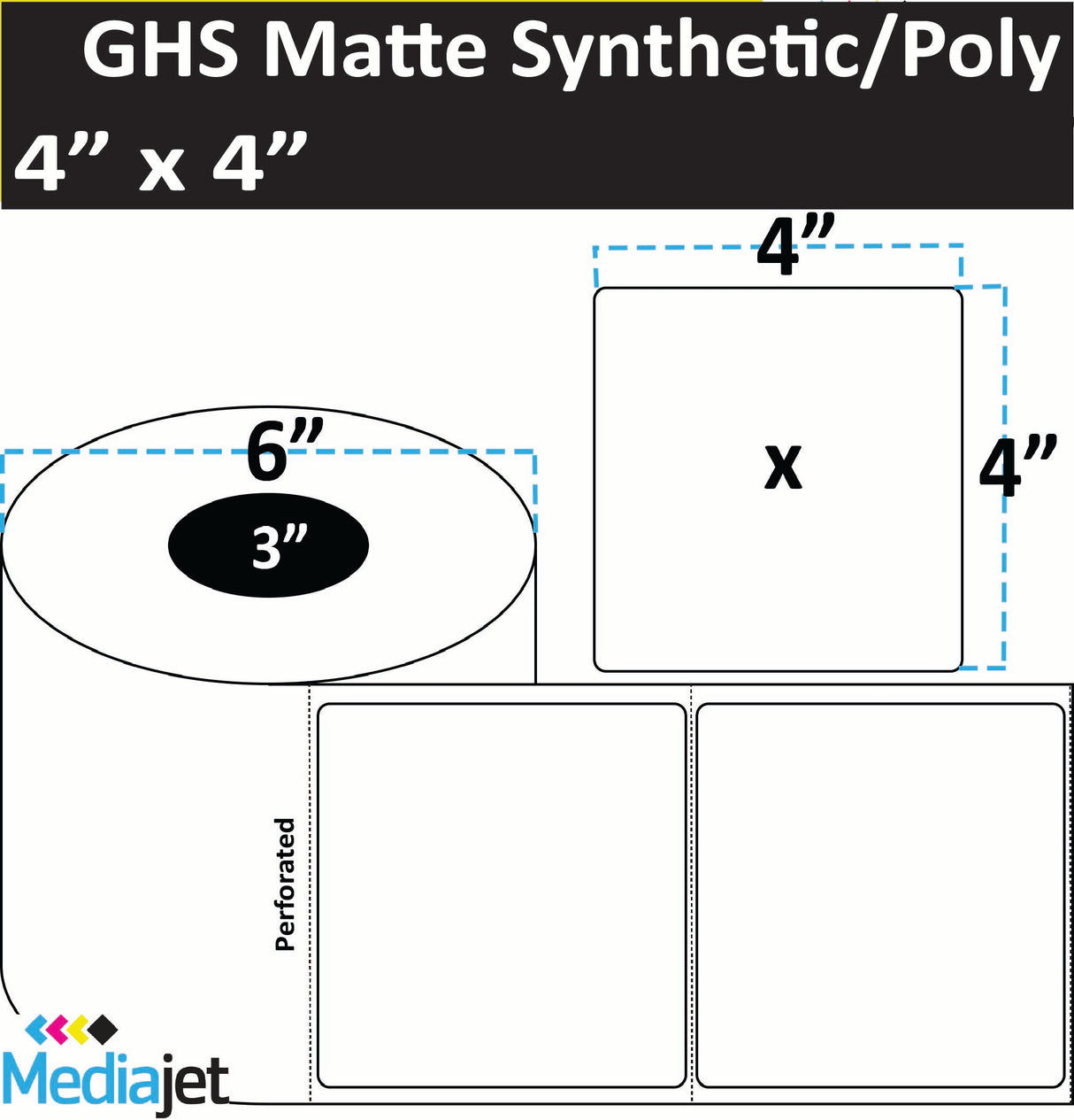 4" x 4" GHS / BS5609 Matte Synthetic Inkjet Labels. 4 Rolls per Case. 580 Labels per Roll. 6" OD, 3" Core. Perfs. SKU: ISP-4-4-580-3