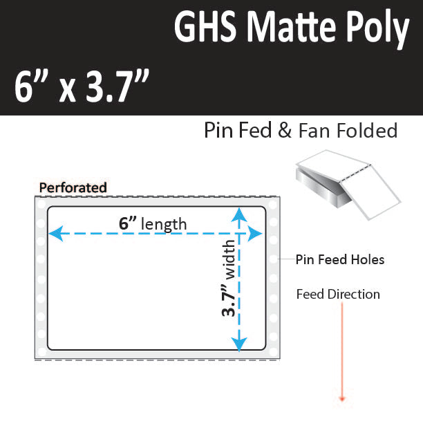 6" x 3.7" GHS / BS5609 Inkjet Labels, Pin Fed and Fan Folded. 3,000 per Case. Perfs. SKU: ISP-6-37-3000