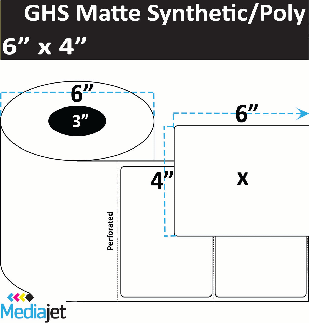 6" x 4" GHS / BS5609 Matte Synthetic Inkjet Labels, 2 Rolls per Case. 580 Labels per Roll. 6" OD, 3" Core. Perfed. SKU: ISP-6-4-580-3