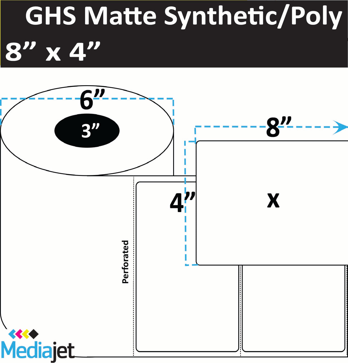8" x 4" GHS / BS5609 Matte Synthetic Inkjet Labels. 4 Rolls per Case. 300 Labels per Roll. 6" OD, 3" Core. Perfed. SKU: ISP-8-4-300-3
