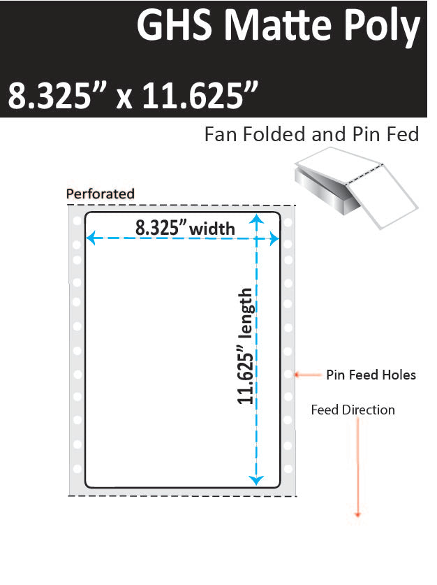 8.325" x 11.625" (A4) GHS / BS5609 Inkjet Labels,  Pin Fed and  Fan Folded. 1,000 per Case. Perfed. SKU: ISP-8325-11625-1000