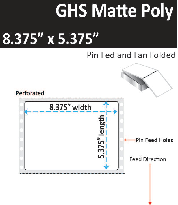 8.375" x 5.375" GHS / BS5609  Inkjet Labels, 2,000 per Case. Pin Fed and Fan Folded. SKU: ISP-8375-5375-2000