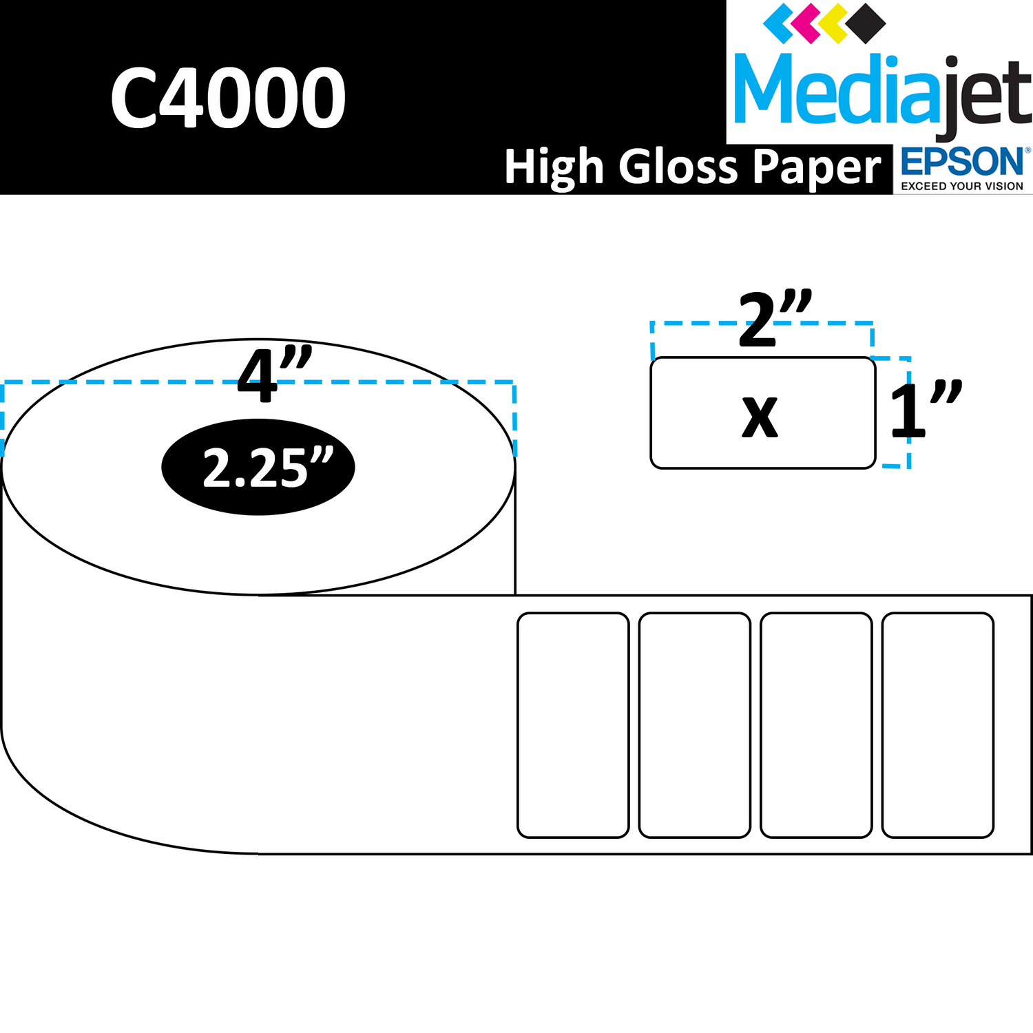 2" x 1" Gloss Paper Inkjet Labels. 8 Rolls per Case. 900 Labels per Roll. 4" OD, 2.25" Core. Perfed. IJG-2-1-900-225