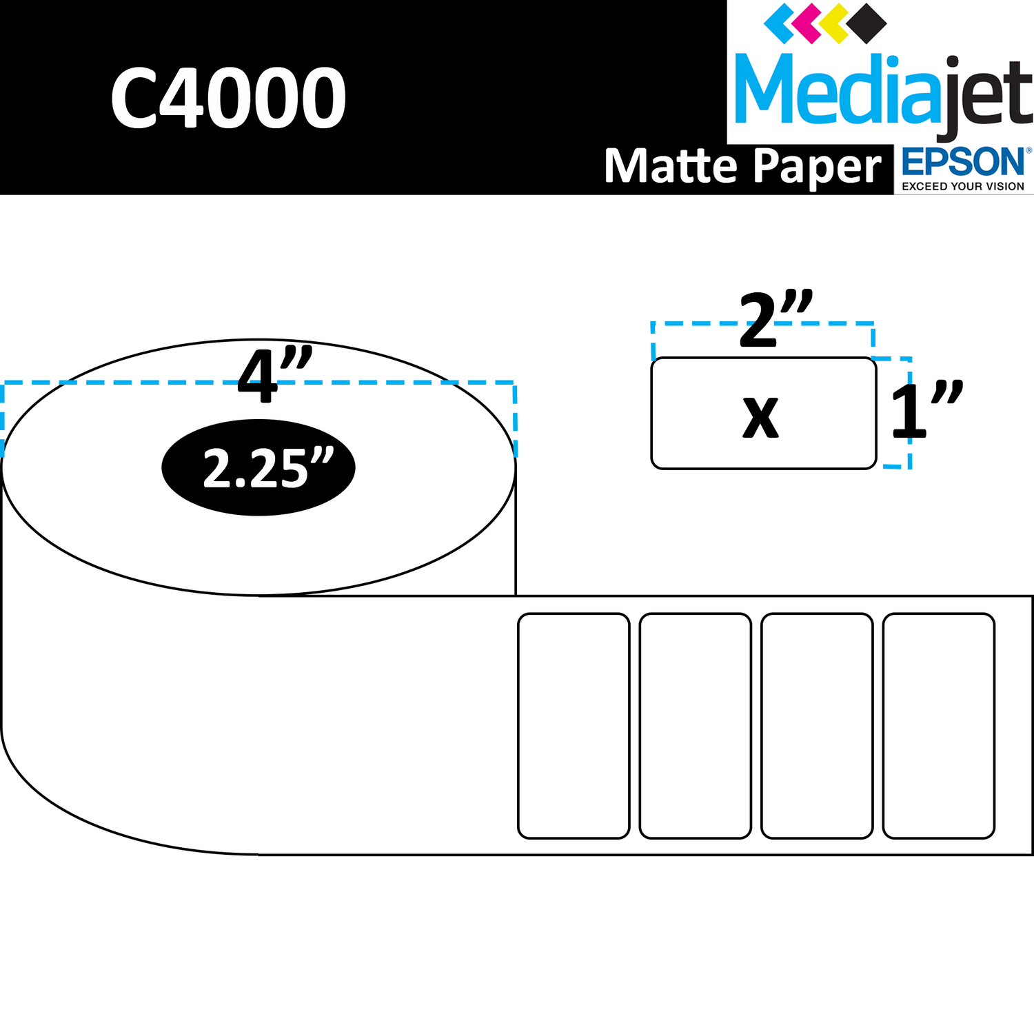 2" x 1" Matte Paper Inkjet Labels.  8 Rolls per Case. 900 Labels per Roll. 4" OD, 2.25" Core. Perfed. SKU: IJM-2-1-900-225
