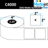 2" x 2" GHS / BS5609 Matte Synthetic Inkjet Labels. 8 Rolls per Case. 400 Labels per Roll. 4" OD, 2.25" Core. Perfed. SKU: ISP-2-2-400-225