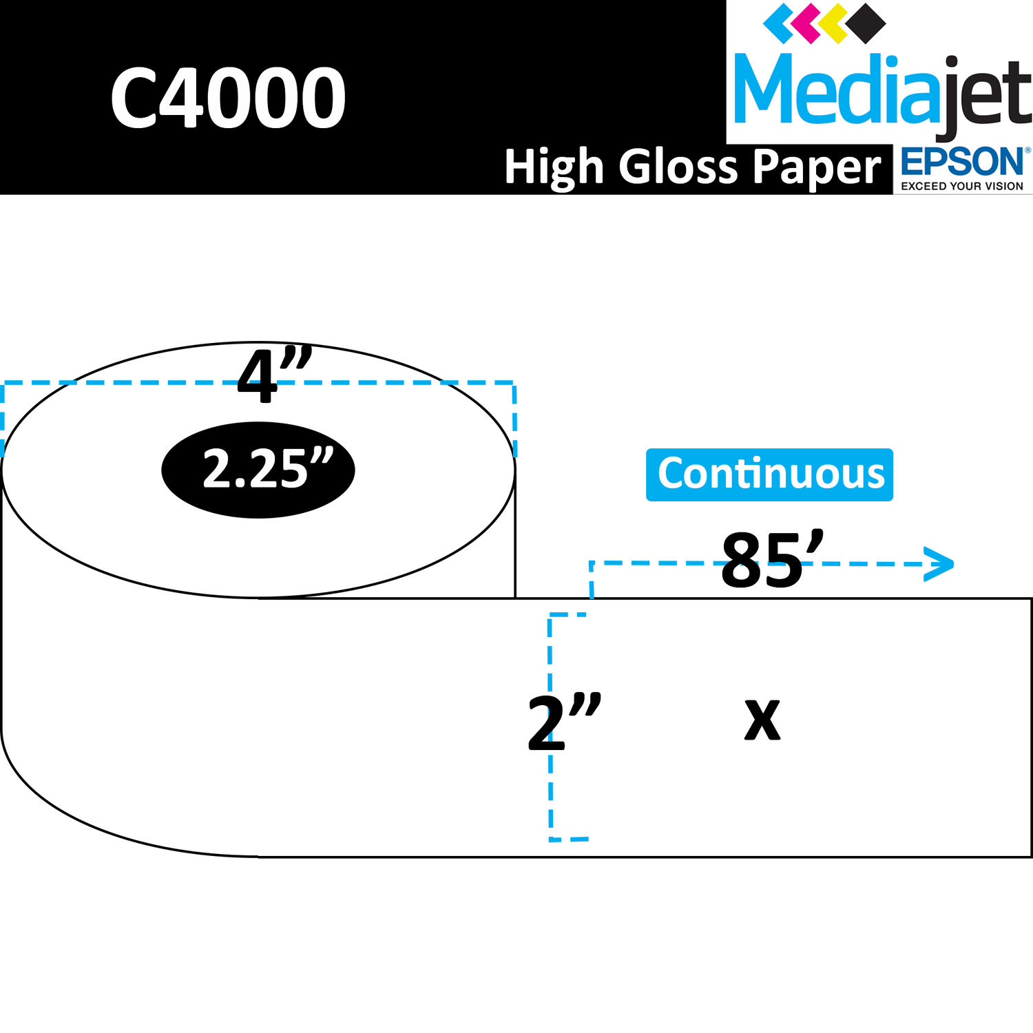 2" x 85' Continuous Gloss Paper Inkjet Labels. 12 Rolls per Case. 4" OD, 2.25" Core. SKU: IJG-2-85-12-225