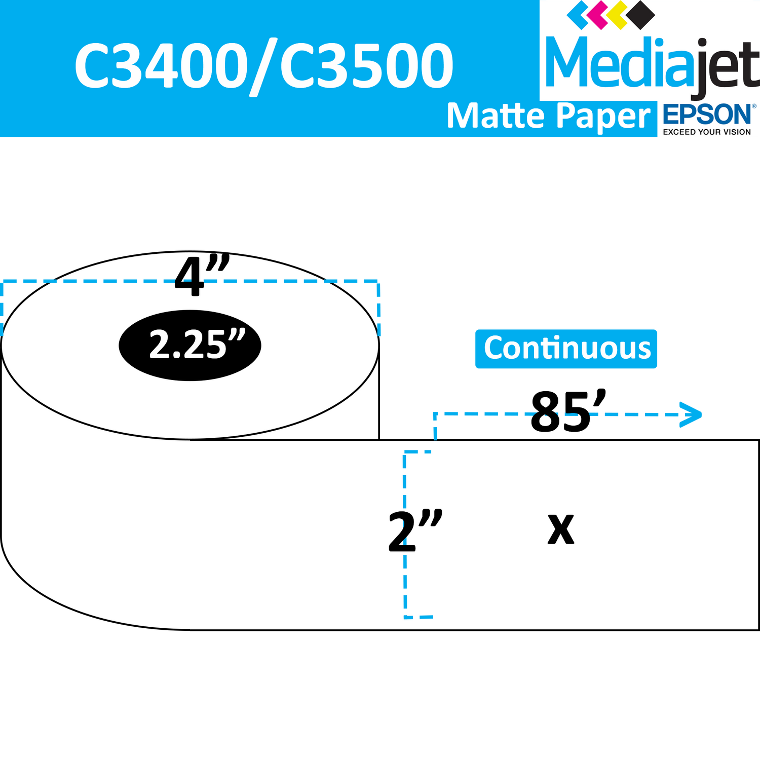 2" x 85' Continuous Matte Paper Inkjet Labels. 12 Rolls per Case. 4" OD, 2.25" Core. SKU: IJM-2-85-12-225