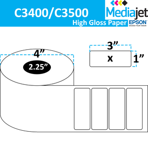 <strong>3" x 1"</strong><br>Die Cut High Gloss Paper Inkjet Labels for Epson C3400 / C3500<br>(8 Rolls)