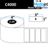 3" x 1" Matte Paper Inkjet Labels. 8 Rolls per Case. 900 Labels per Roll. 4" OD, 2.25" Core. Perfed. SKU: IJM-3-1-900-225