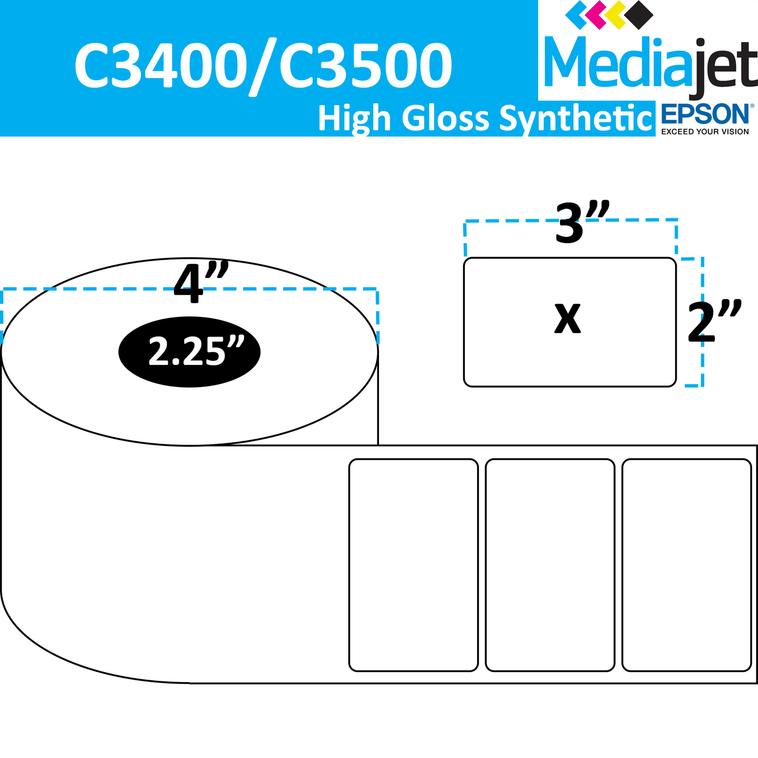 <strong>3" x 2"</strong><br>Die Cut Gloss Synthetic Inkjet Labels<br>(8 Rolls)