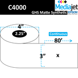 3" x 80' Continuous GHS / BS5609 Matte Synthetic Inkjet Labels. 12 Rolls per Case. 4" OD, 2.25" Core. SKU: ISP-3-80-12-225
