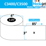3" x 85' Continuous Matte Paper Inkjet Labels. 12 Rolls per Case. 4" OD, 2.25" Core. SKU: IJM:-3-85-12-225