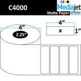 4" x 1" Matte Paper Inkjet Labels. 8 Rolls per Case. 900 Labels per Roll. 4" OD, 2.25" Core. Perfed. SKU: IJM-4-1-900-225