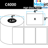 4" x 3" Gloss Paper Inkjet Labels. 8 Rolls per Case. 350 Labels per Roll. 4" OD, 2.25" Core. Perfed. SKU: IJG-4-3-350-225