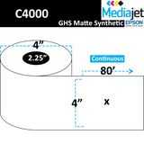 4" x 80' Continuous GHS / BS5609 Matte Synthetic Inkjet Labels. 12 Rolls per Case. 4" OD, 2.25" Core. SKU: ISP-4-80-12-225