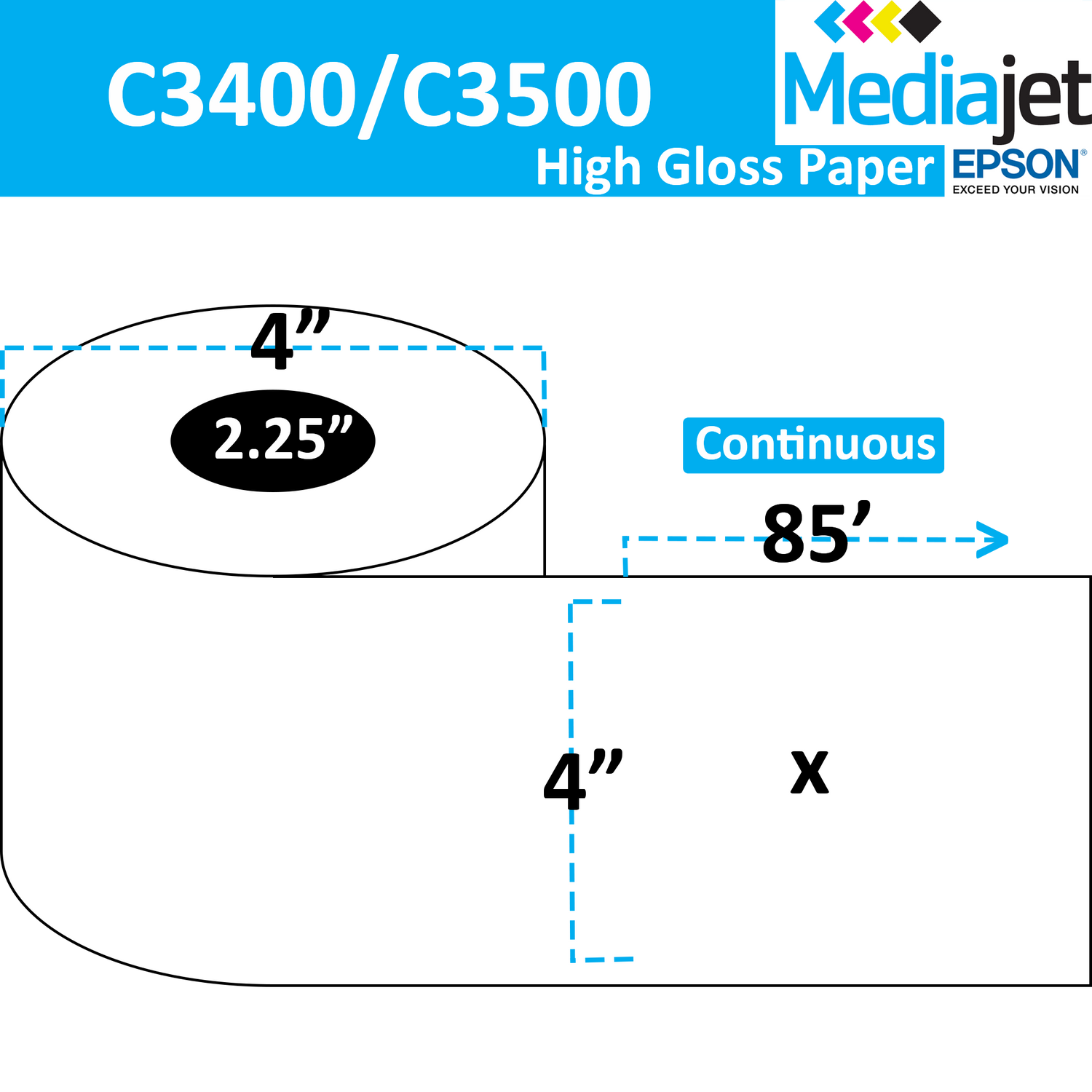 4" x 85' Continuous Gloss Paper Inkjet Labels. 12 Rolls per Case. 4" OD, 2.25" Core. SKU: IJG-4-85-12-225