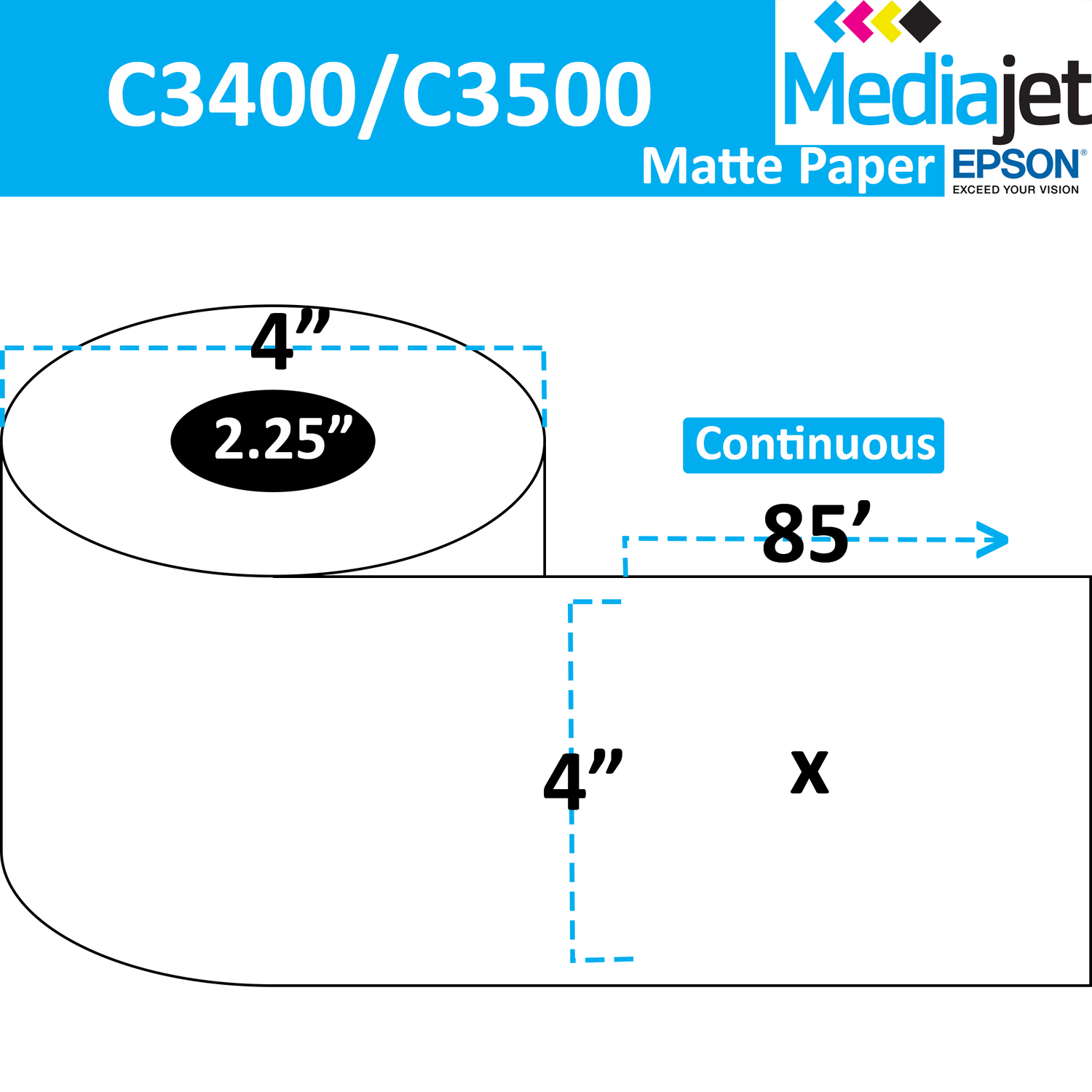 4" x 85' Continuous Matte Paper Inkjet Labels. 12 Rolls per Case. 4" OD, 2.25" Core. SKU: IJM-4-85-12-225