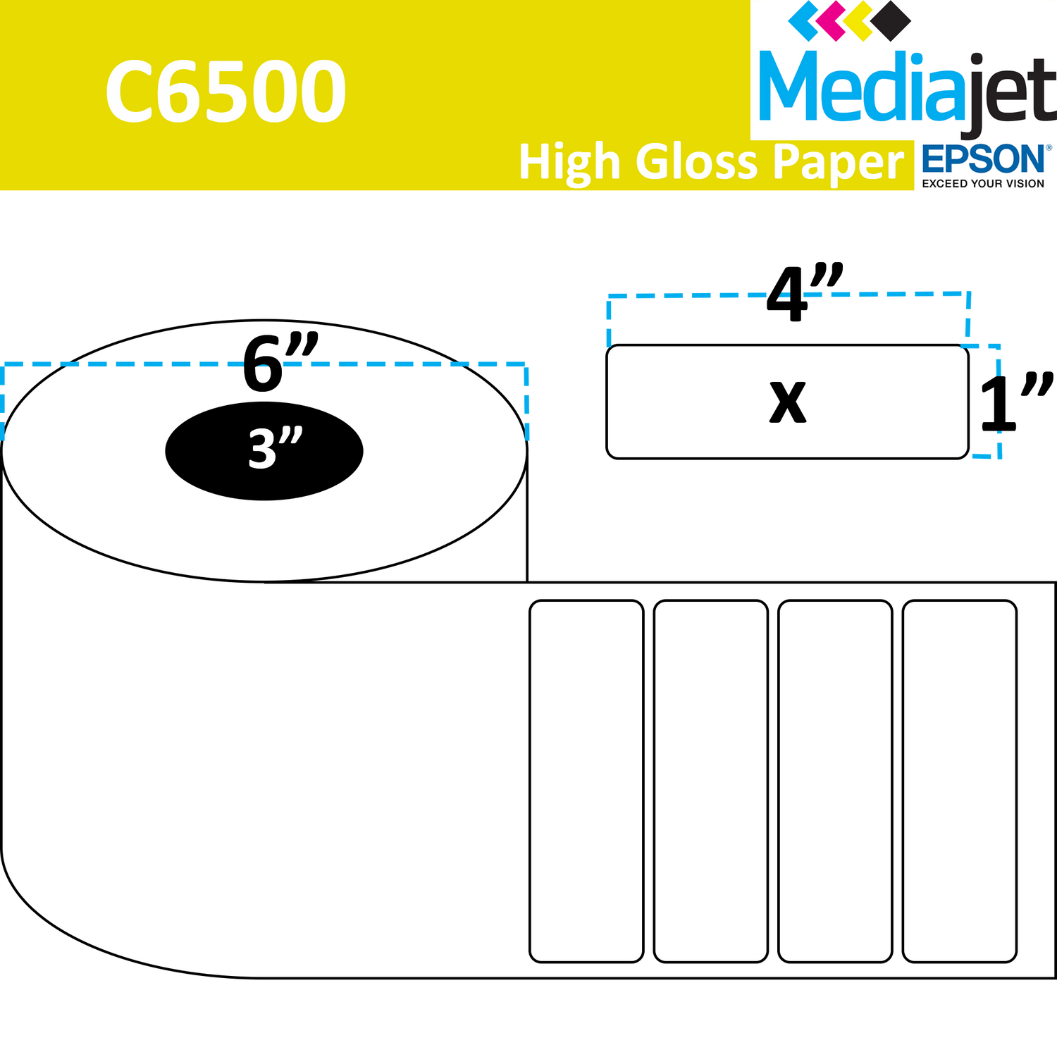 4" x 1" Gloss Paper Inkjet Labels. 4 Rolls per Case. 2,000 Labels per Roll. 6" OD, 3" Core. Perfed. SKU: IJG-4-1-2000-3