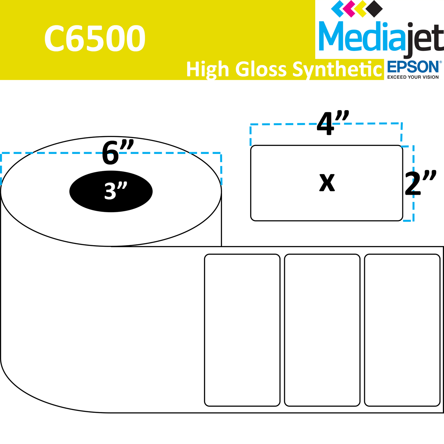 4" x 2" Gloss Synthetic Inkjet Labels. 4 Rolls per Case. 1,000 Labels per Roll. 6" OD, 3" Core. Perfed. SKU: IGP-4-2-1000-3