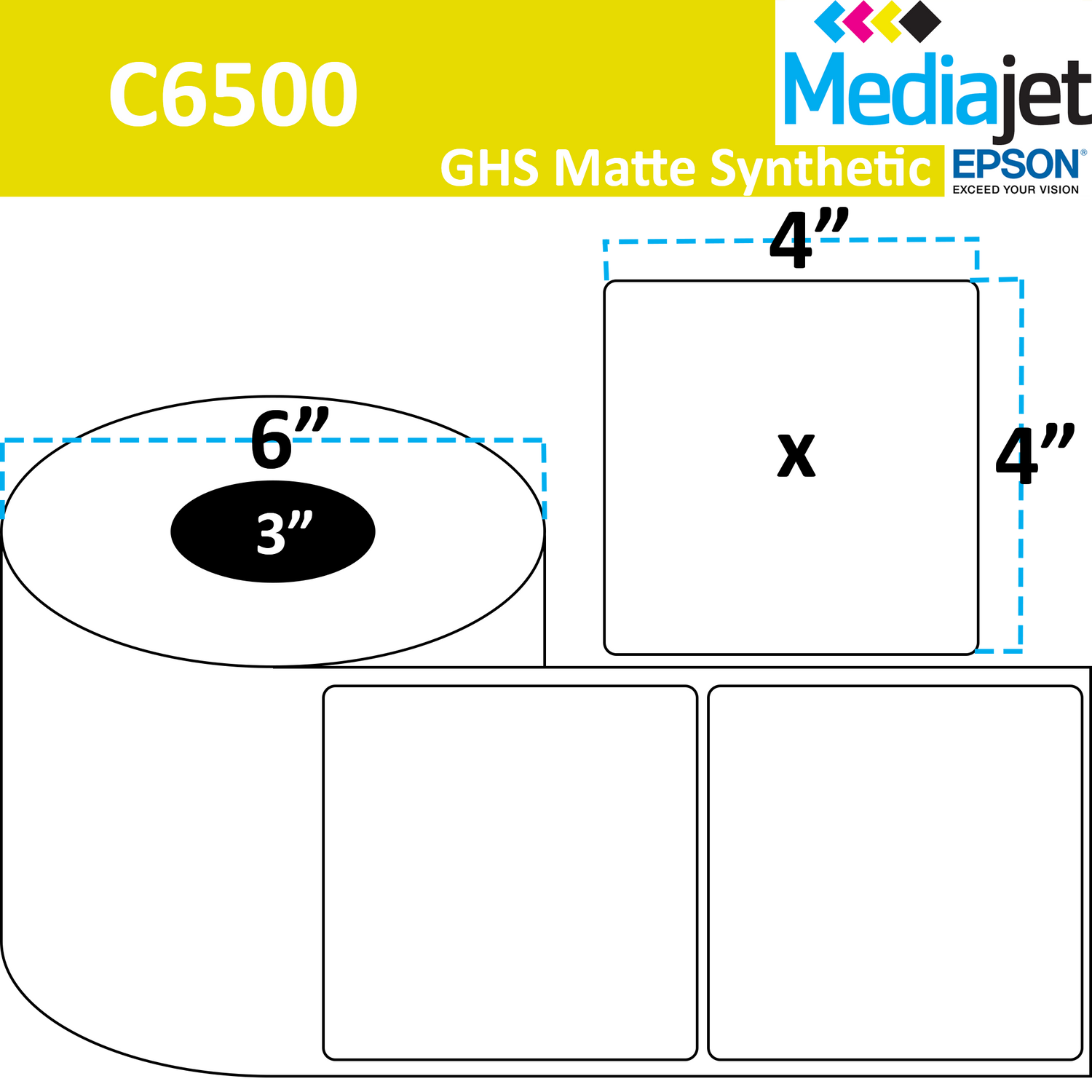 4" x 4" GHS / BS5609 Matte Synthetic Inkjet Labels. 4 Rolls per Case. 580 Labels per Roll. 6" OD, 3" Core. Perfs. SKU: ISP-4-4-580-3