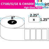 2.25" x 1.25" Gloss Paper Inkjet Labels. 2 Rolls per Case. 4,250 Labels per Roll. 8" OD, 3" Core. No Perf. SKU: IJG-225-125-4250-3NP