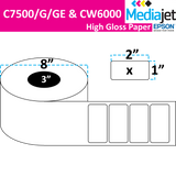 2" x 1" Gloss Paper Inkjet Labels. 2 Rolls per Case. 5,250 Labels per Roll. 8" OD, 3" Core. No Perfs. SKU: IJG-2-1-5250-3NP
