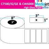 3" x 1" Gloss Paper Inkjet Labels. 2 Rolls per Case. 5,250 Labels per Roll. 8" OD, 3" Core. No Perf. SKU: IJG-3-1-5250-3NP