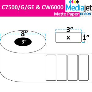 <strong>3" x 1"</strong><br>Die Cut Matte Paper Inkjet Labels for Epson C7500/6000<br>(2 Rolls)