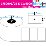 3" x 2" Gloss Paper Inkjet Labels. 2 Rolls per Case. 2,750 Labels per Roll. 8" OD, 3" Core. No Perf. SKU: IJG-3-2-2750-3NP