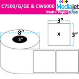 3" x 3" Matte Paper Inkjet Labels. 2 Rolls per Case. 1,750 Labels per Roll. 6" OD, 3" Core. No Perfs. SKU: IJM-3-3-1750-3NP