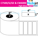 4" x 1" Gloss Paper Inkjet Labels. 2 Rolls per Case. 5,250 Labels per Roll. 8" OD, 3" Core. No Perf. SKU: IJG-4-1-5250-3NP