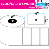 4" x 2" Matte Paper Inkjet Labels. 2 Rolls per Case. 2,750 Labels per Roll. 8" OD, 3" Core. No Perf. SKU: IJM-4-2-2750-3NP